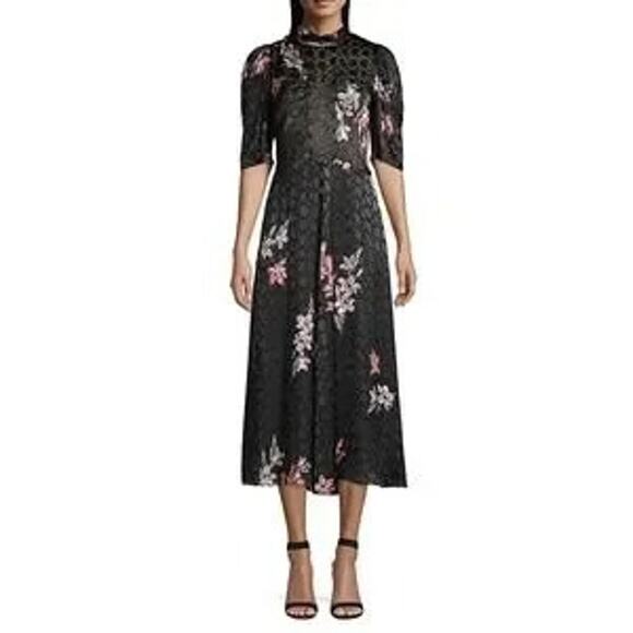 REBECCA TAYLOR   Noha Puff Sleeve Floral Midi Dress In Black Combo size 8 - Picture 4 of 15